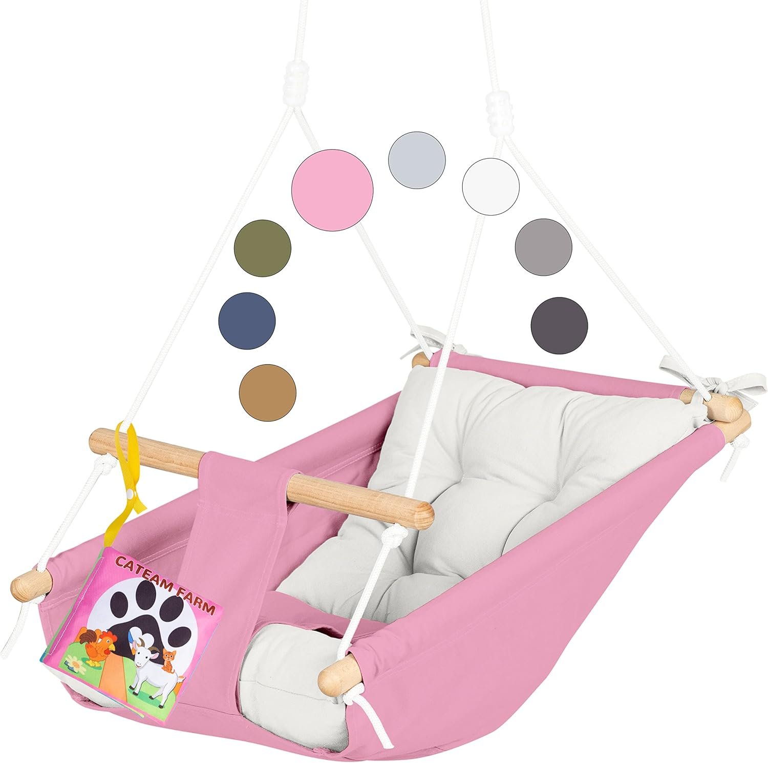 CaTeam - Canvas Kids Swing, Wooden Hanging Swing Seat Chair with Safety Belt, Durable Toddler Swing Chair, Outdoor and Indoor Swing for Kid, Mounting Hardware Included, Pink