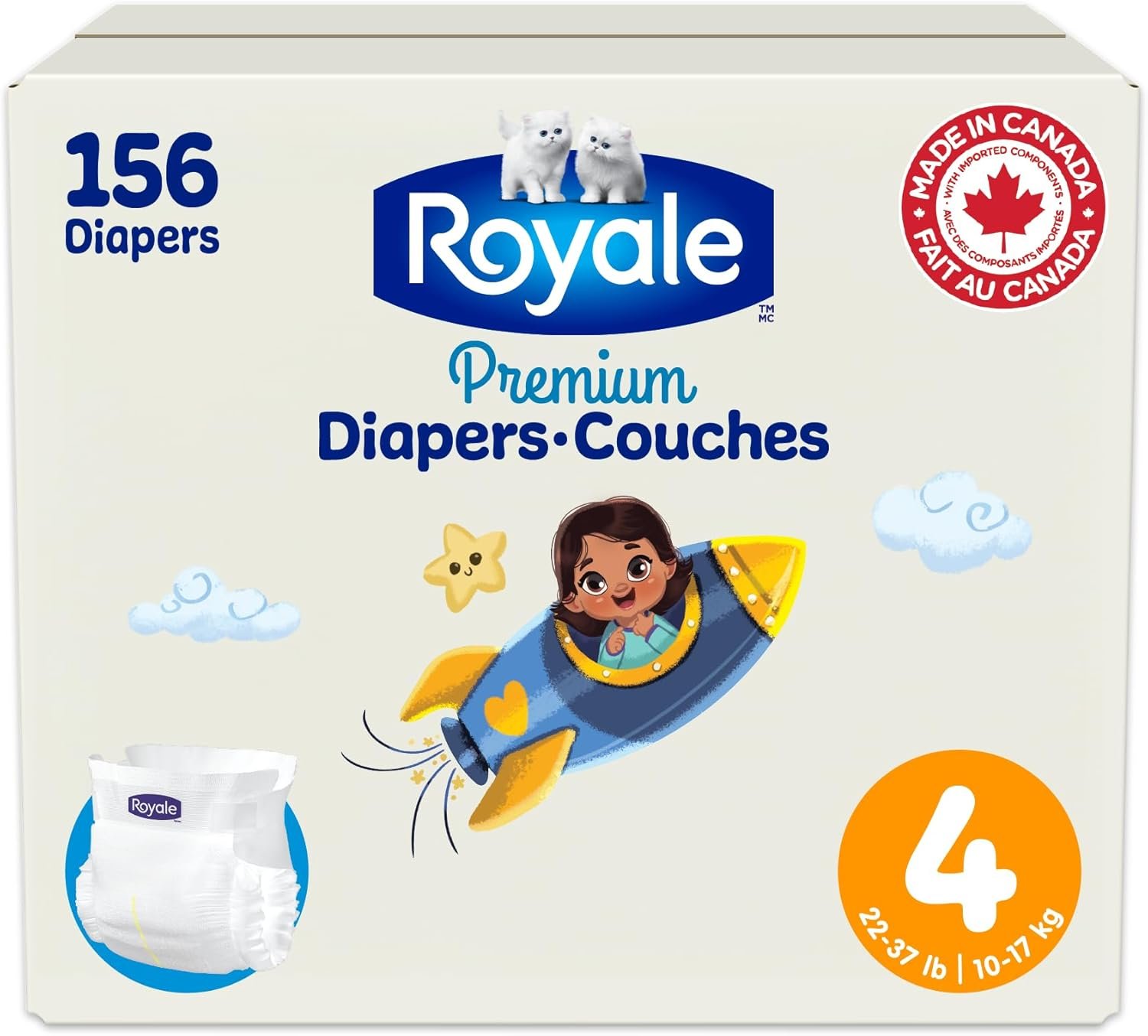 Royale Premium Diapers, Size 4 (22-37 lb), 156 Count, Disposable Baby Diapers (Packaging may vary)