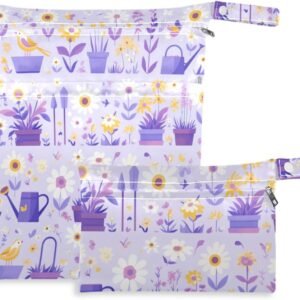 washable wet clothes bag 2 Pack travel essentials for baby with handles for pool, pool (Purple Fresh FLOWER and whites)
