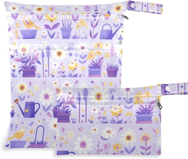 washable wet clothes bag 2 Pack travel essentials for baby with handles for pool, pool (Purple Fresh FLOWER and whites)