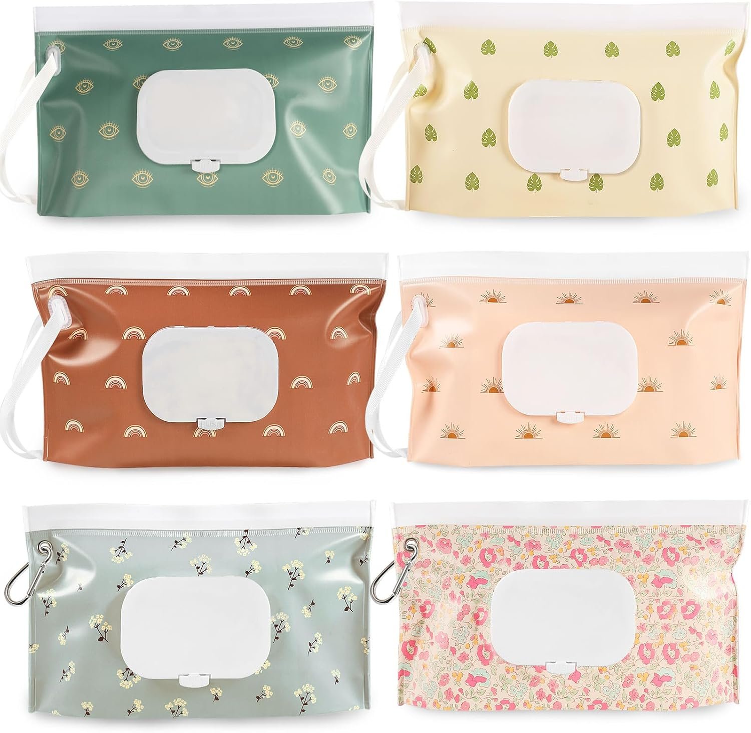 FEBSNOW 6 Pack Baby Wipes Dispenser, Portable Refillable Wipe Holder, Baby Wipes Container, Reusable Wipes Case, Baby Travel Wet Wipes Pouch (Morandi Color)