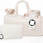 MAPES Canadian Baby Diaper Caddy Organizer Set – Elegant Sherpa Nursery Basket with Portable Pouch, Stylish Newborn Essentials Storage for Changing Table & Travel, Baby Shower Must-Have - Cream Color