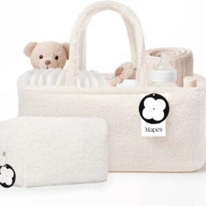 MAPES Canadian Baby Diaper Caddy Organizer Set – Elegant Sherpa Nursery Basket with Portable Pouch, Stylish Newborn Essentials Storage for Changing Table & Travel, Baby Shower Must-Have - Cream Color