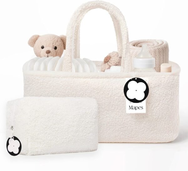 MAPES Canadian Baby Diaper Caddy Organizer Set – Elegant Sherpa Nursery Basket with Portable Pouch, Stylish Newborn Essentials Storage for Changing Table & Travel, Baby Shower Must-Have - Cream Color