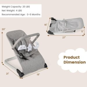 Portable Baby Bouncer with Vibration, Toy Bar & Safety Harness (Gray) - Image 2