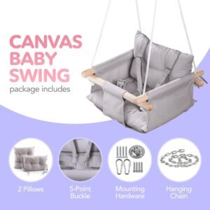 Canvas Baby Swing with Safety Belt | Indoor & Outdoor Wooden Swing - Taupe Gray - Image 3
