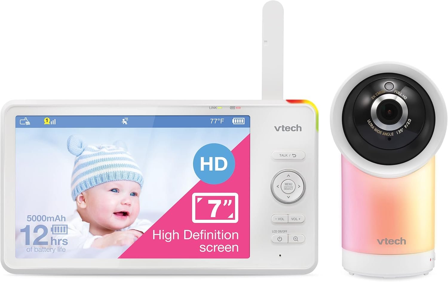 VTech 1080p Smart WiFi Remote Access 360 Degree Pan & Tilt Video Baby Monitor with 7” High Definition 720p Display, Night Light, RM7766HD