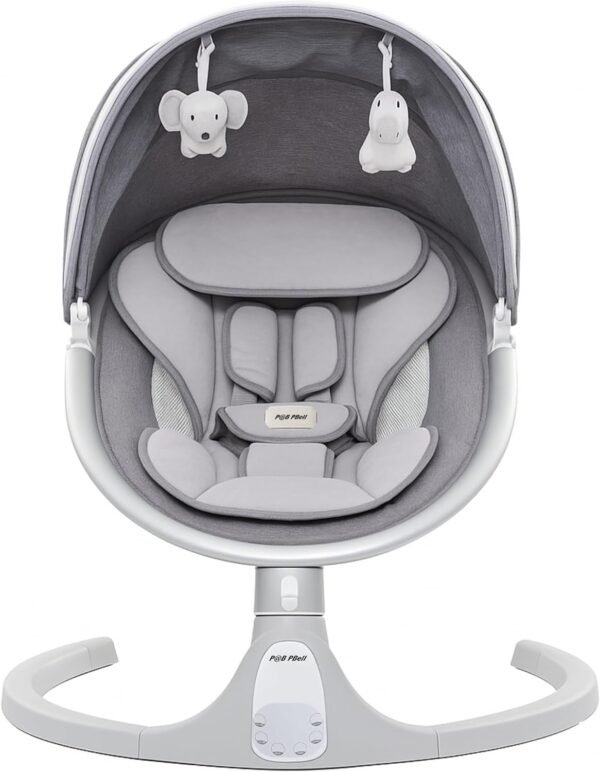 P@B PBell Electric Baby Swing – Portable Infant Swing with 3 Recline Positions, 5 Speeds, Remote Control, Bluetooth, 5-Point Harness – Indoor & Outdoor – Grey