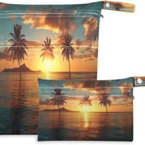 ATTX Beautiful Palm Trees Wet Dry Bags 2-Pack - Reusable Cloth Diaper Storage for Travel, Beach & Gym | Multi-Use Waterproof Bags for Swimsuits, Baby Clothes, Sports Gear#367