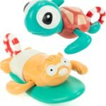 DUCKBOXX XX Pull-String Wind-up Swimming Beach Buddy Bath Toys, No Battery Mold-Free Anti-Rust Interactive Montessori Toy for Kids (Turtle & Beaver -- 2pcs)