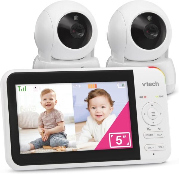 VTech VM924-2 Pan & Tilt Video Baby Monitor with 2 Cameras, 5" LCD Screen, Up to 17 Hrs Video Battery Life(2600 mAh), 1.33x Zoom, Night Vision, Best-in-Class 1000ft Range, Soothing Sounds, 2-Way Talk