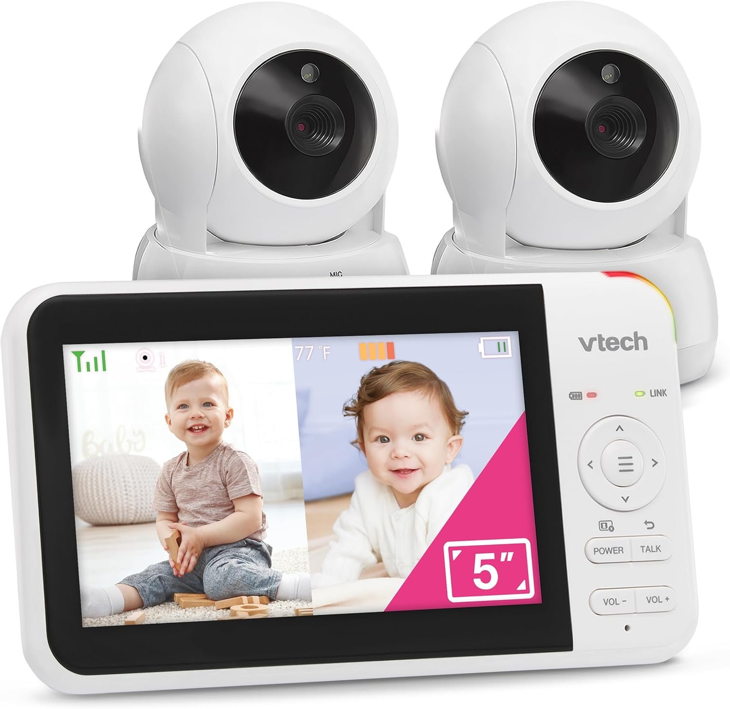 VTech VM924-2 Pan & Tilt Video Baby Monitor with 2 Cameras, 5" LCD Screen, Up to 17 Hrs Video Battery Life(2600 mAh), 1.33x Zoom, Night Vision, Best-in-Class 1000ft Range, Soothing Sounds, 2-Way Talk