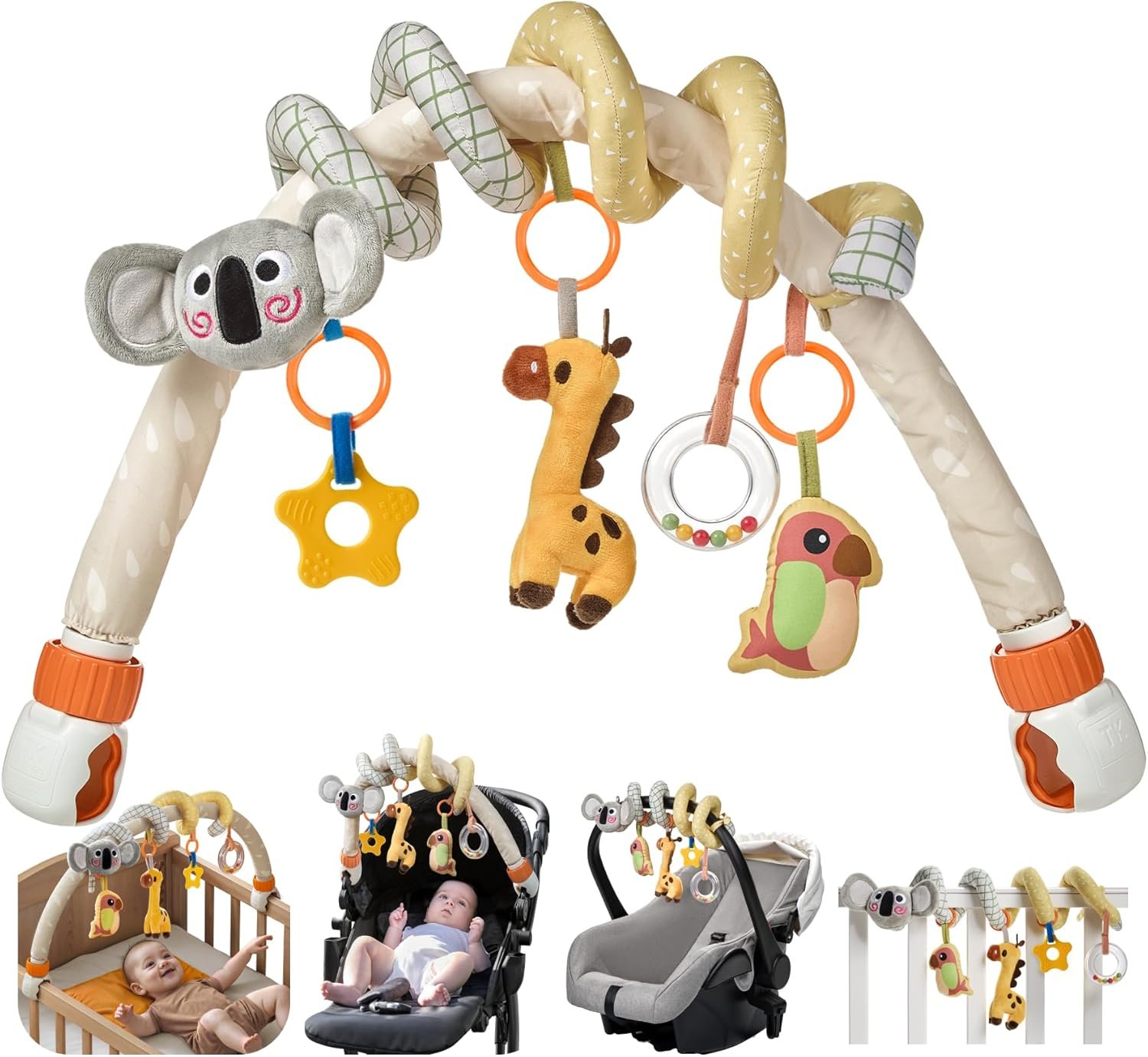 TUMAMA 2 in 1 Spiral Arch Car Seat Toys for Babies 0 3 6 9 12 Months Stroller Toy Baby Hanging Toys with Clip Adjustable Detachable Sensory Travel Crib Bouncer Bassinet Activity Toys