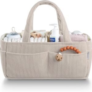 PUTSKA Baby Diaper Caddy Organizer for Changing Table – Stylish Nursery Storage Basket, Newborn Essentials, Baby Shower Gifts and Registry Must-Haves for Boy or Girl, Car Diaper Caddy, Corduroy Cream