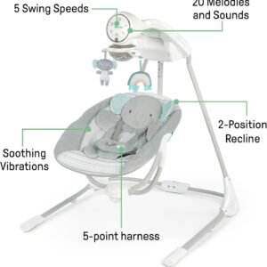 InLighten Baby Swing - 5 Speed Swivel Seat, Safety Harness & Nature Sounds - Van Elephant - Image 4