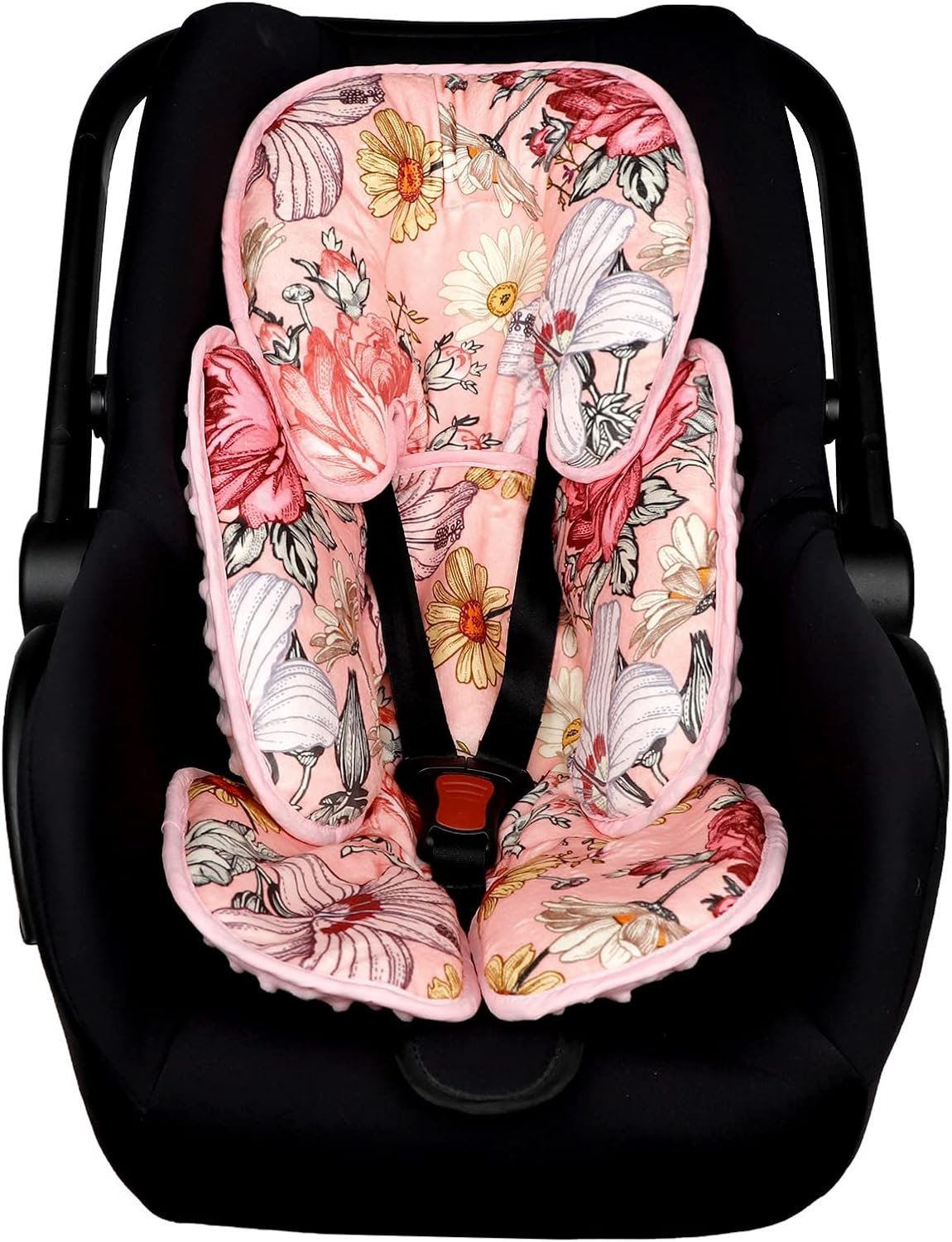 Pink Infant Car Seat Head Body Support, HNHUAMING 2-in-1 Reversible CarSeat Insert, Soft Cushion for Stroller, Swing, Bouncer, Flowers