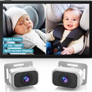 Pemacom Baby Car Camera for 2-Kids: 7 Inch IPS Display with Dual Carseat Camera, Split Screen, Night Vision, HD 1080P - Easy Install Rear Facing Backseat Camera for Twins