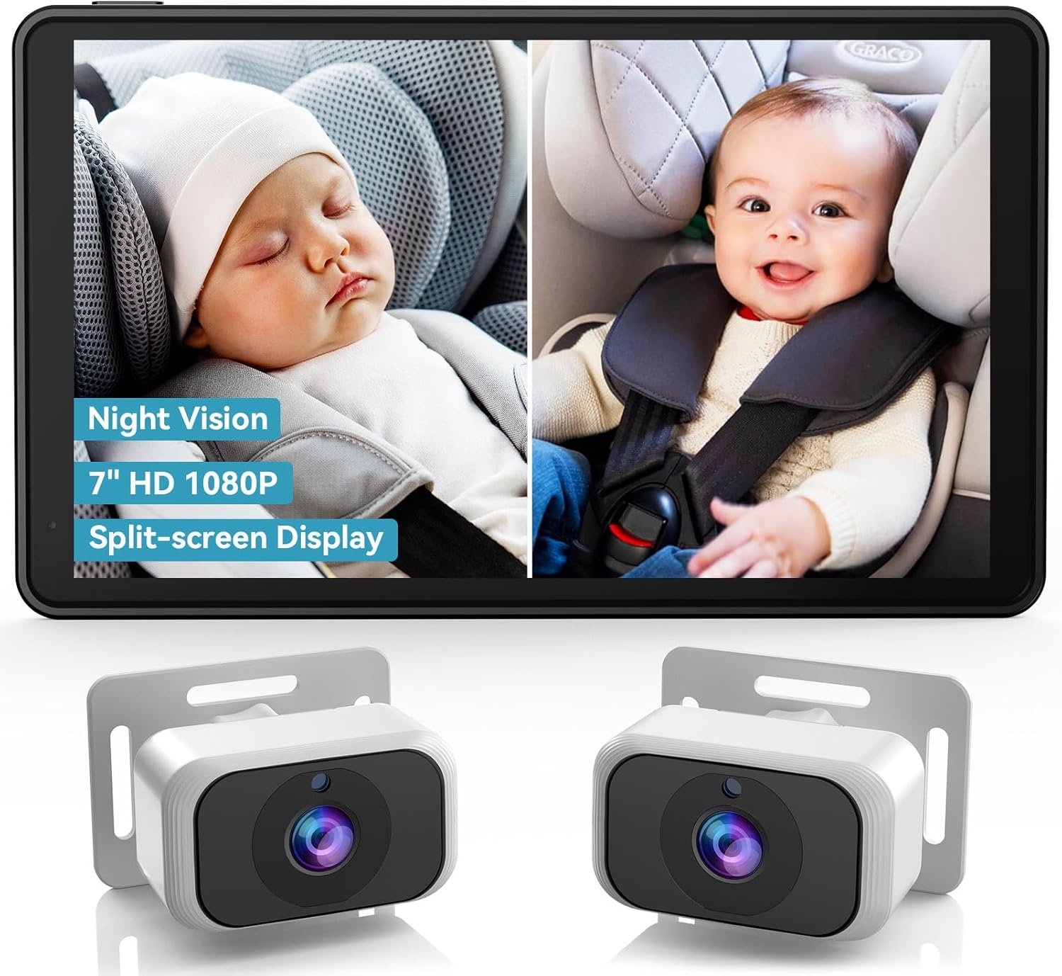 Pemacom Baby Car Camera for 2-Kids: 7 Inch IPS Display with Dual Carseat Camera, Split Screen, Night Vision, HD 1080P - Easy Install Rear Facing Backseat Camera for Twins
