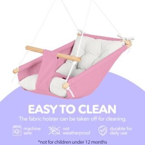 CaTeam Kids Swing - Durable Wooden Hanging Seat with Safety Belt, Pink - Image 5