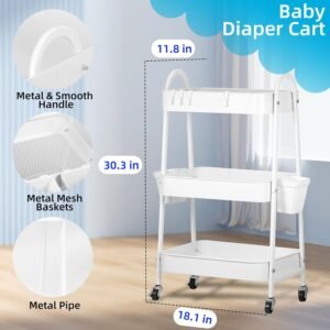 3-Tier Baby Diaper Caddy Cart | Metal Nursery Organizer for Essentials - Image 3