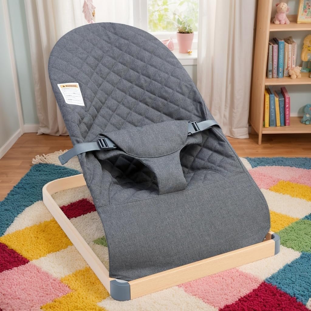 ANGELOGJGT Baby Bouncer - Baby Portable Bouncer, Ergonomic Design Baby Bouncer Chairs with Wood Grain Base, Natural Vibration, Grey