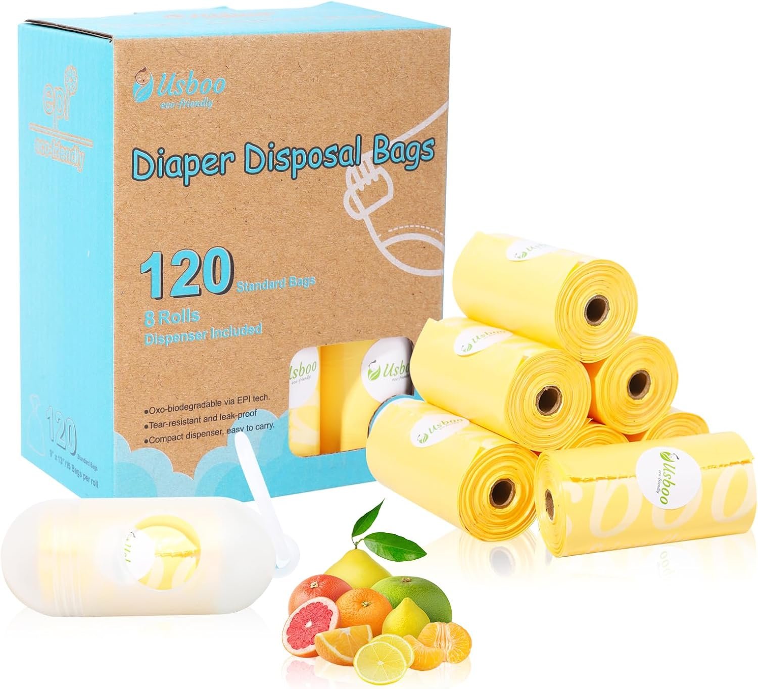 USBOO Diaper Disposal Bags - 8 Refill Rolls/120 Pack Baby Poop Bag with Dispenser | Tropical Fruit Scented | Leak Proof & Trash Bags for Diapers