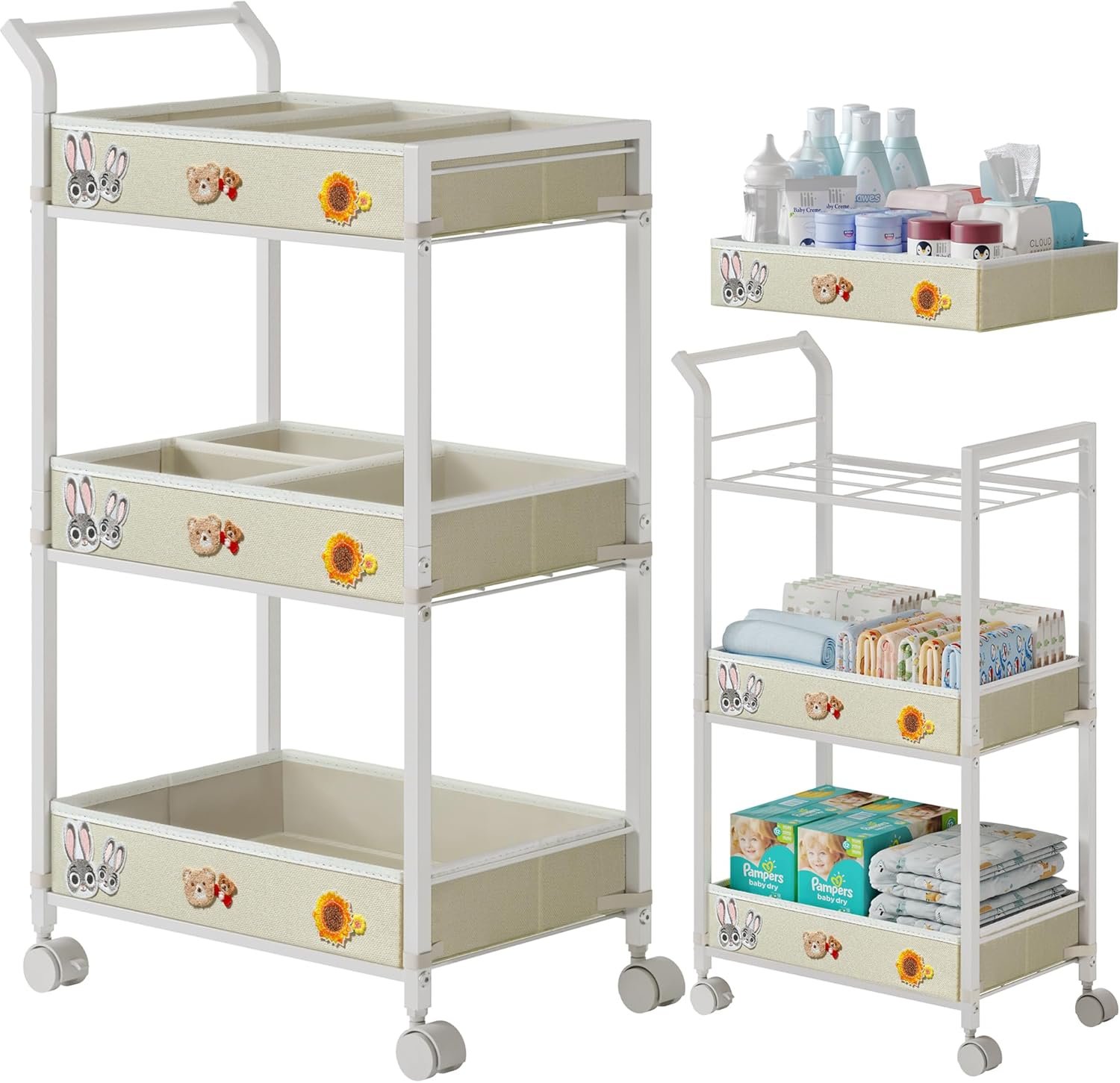 REKITA Baby Diaper Cart, 3-Tier Rolling Diaper Caddy for Newborn Essentials Must Haves, Detachable Bedside Cart, Large Capacity Diaper Caddy Organizer