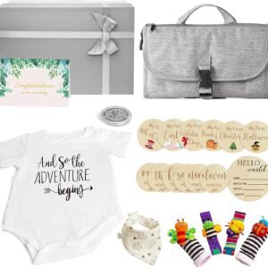 Baby Shower Gifts - Baby Gift Basket Baby Wrist Rattle Socks Portable Diaper Changing Pad Baby Essentials - Gender Reveal Gifts