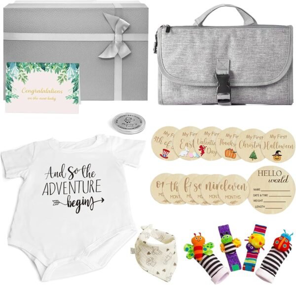 Baby Shower Gifts - Baby Gift Basket Baby Wrist Rattle Socks Portable Diaper Changing Pad Baby Essentials - Gender Reveal Gifts