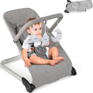 Portable Baby Bouncer with Vibration, Toy Bar & Safety Harness (Gray) - Image 9