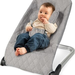 HONEY JOY Baby Bouncer, Portable Folding Infant Newborn Rocker & Stationary Seat with Vibrations, Safety Harness, Machine Washable Fabric, Bouncer Seat for Babies 0-6 Months up to 20 lbs (Light Gray)