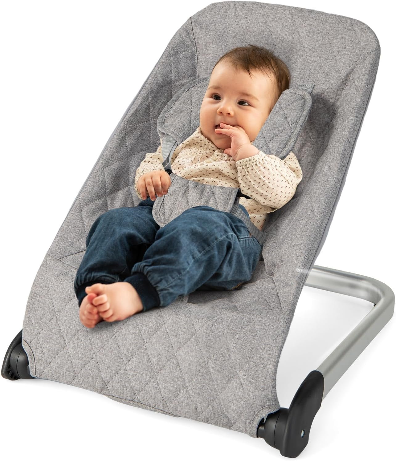 HONEY JOY Baby Bouncer, Portable Folding Infant Newborn Rocker & Stationary Seat with Vibrations, Safety Harness, Machine Washable Fabric, Bouncer Seat for Babies 0-6 Months up to 20 lbs (Light Gray)