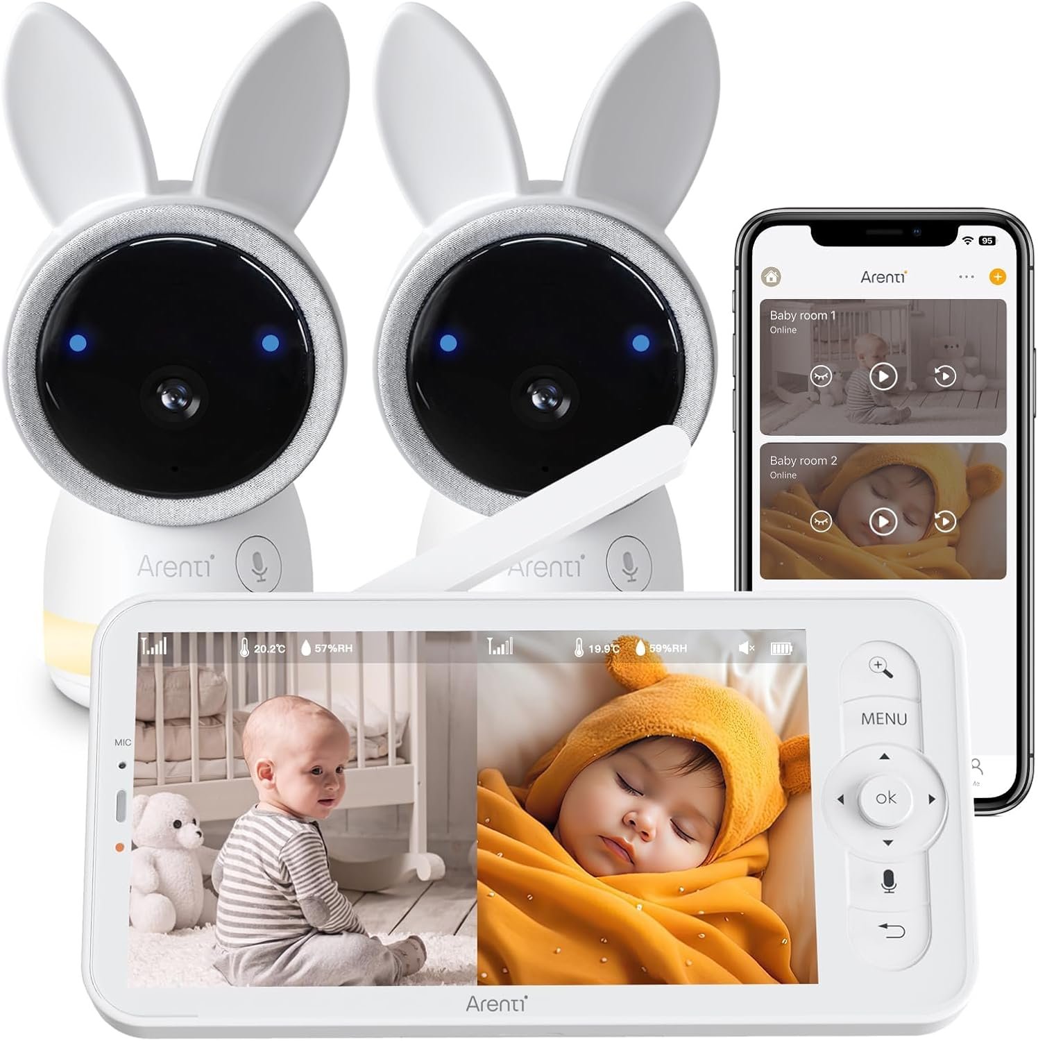 Arenti Baby Monitor 2 Cameras, 2K Smart Baby Camera 2PC with 5-Inch Upgraded Wireless Display 1PC, Super Night Vision, Lullabies, Cry & Motion Detection, Temp & Humidity Sensor, Two Way Audio, ‎Wifi 6