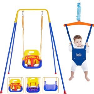 FUNLIO 2 in 1 Swing Set for Toddler & Baby Jumper, Heavy Duty Kids Swing & Bouncer with 4 Sandbags, Foldable Metal Stand for Indoor/Outdoor Play, Easy to Assemble and Store