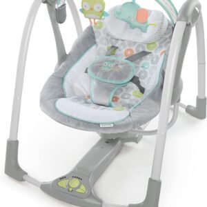 Ingenuity 5-Speed Portable Baby Swing with Music, Nature Sounds & Battery-Saving Technology Hugs & Hoots, Swing ’n Go, 0-9 Months