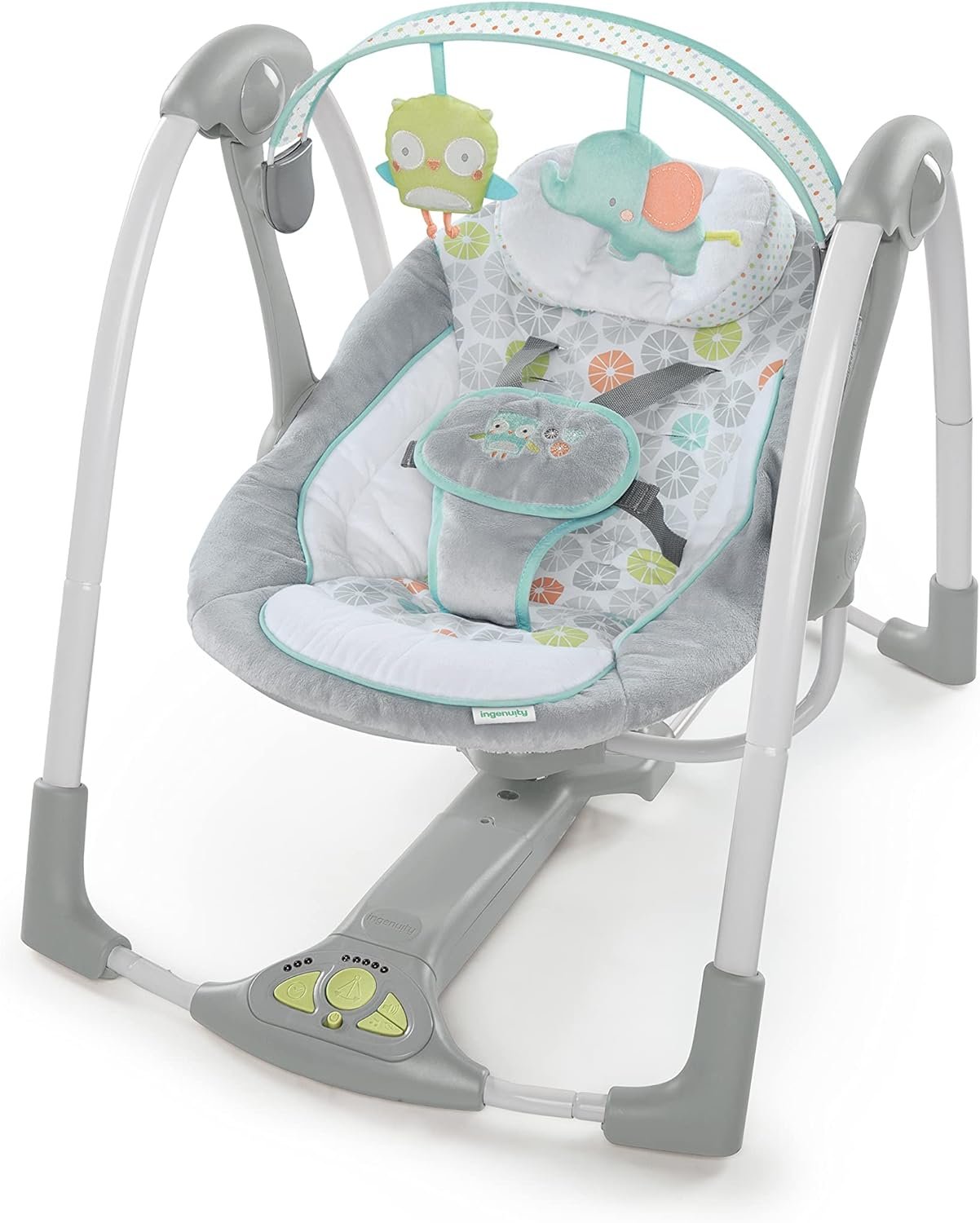 Ingenuity 5-Speed Portable Baby Swing with Music, Nature Sounds & Battery-Saving Technology Hugs & Hoots, Swing ’n Go, 0-9 Months