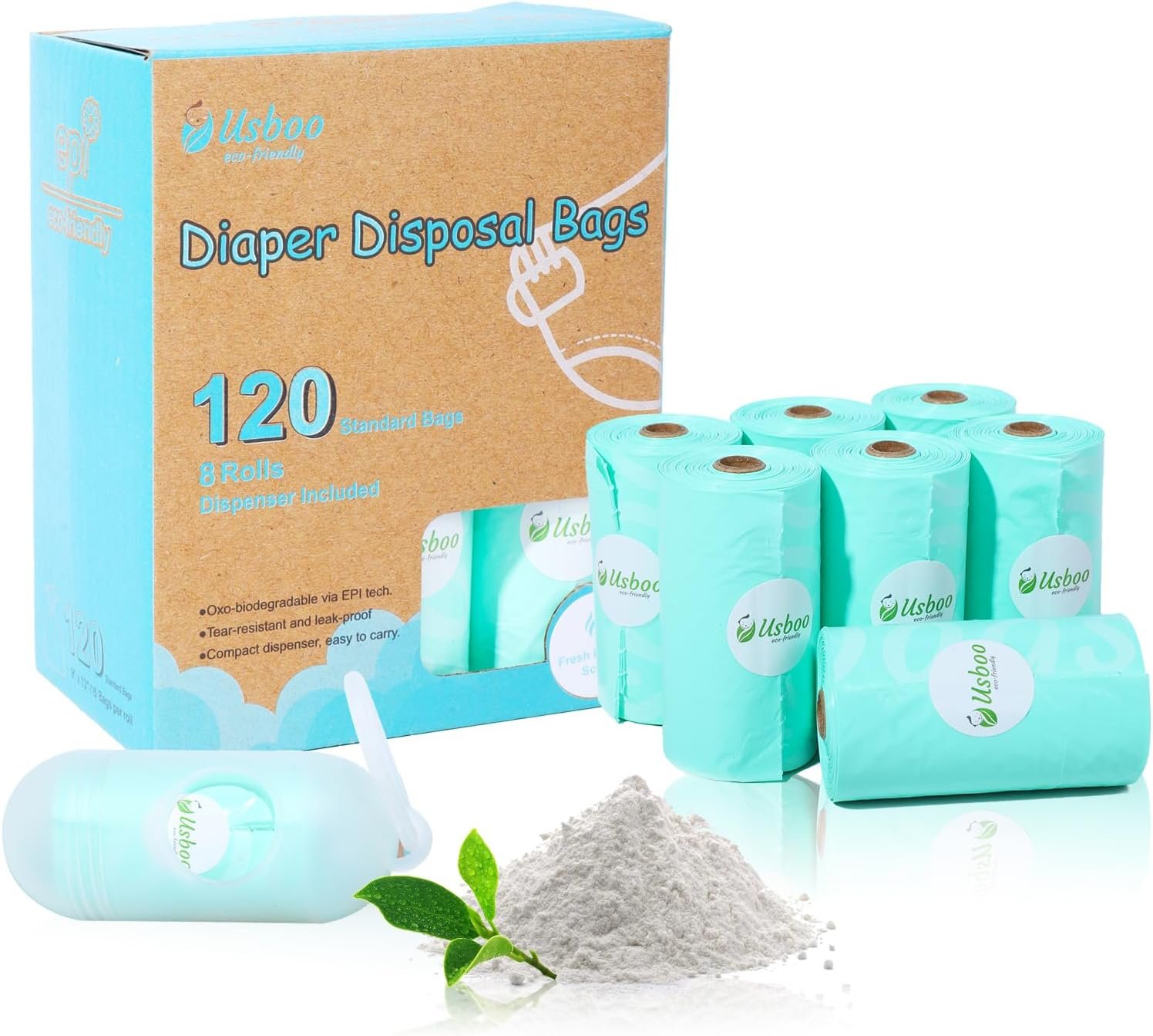 USBOO Diaper Bags Disposable for Baby - Fresh Powder Scent, 8 Refill Rolls (120 Pack) Diaper Trash Bags with Dispenser, Diaper Bag Accessory