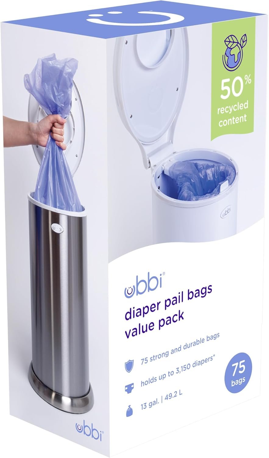 Ubbi Disposable Diaper Pail Plastic Bags, Value Pack, 75 Count, 13-Gallon Bags