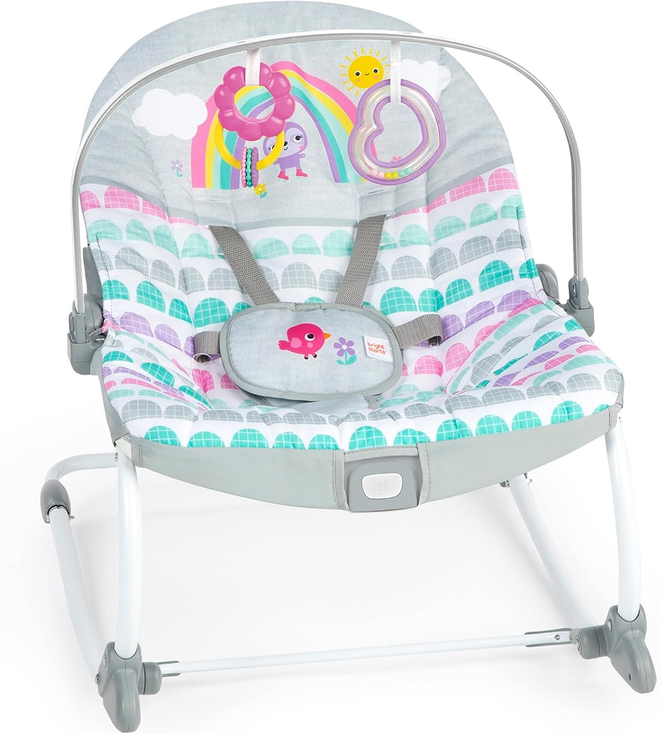 Bright Starts Rosy Rainbow Infant to Toddler Rocker with Vibrations, Baby Seat for Girl or Boy, Newborn +