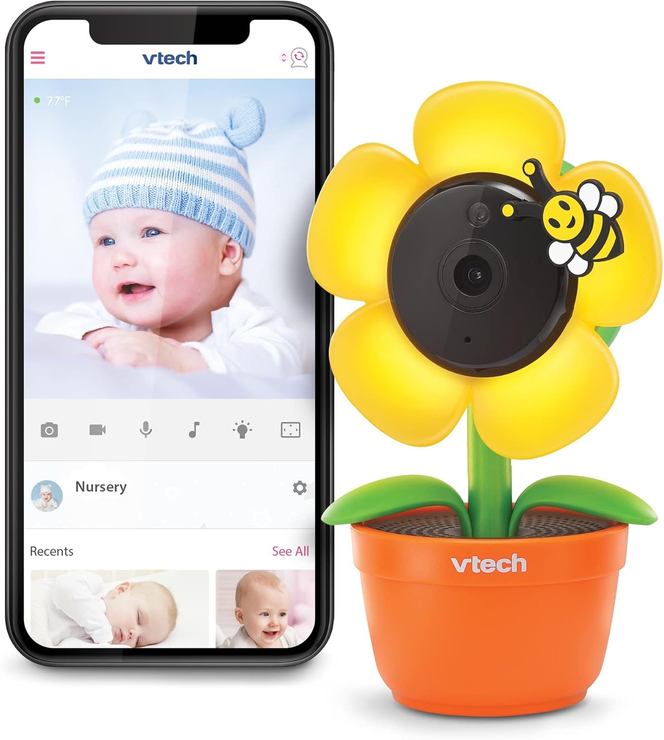 VTech 1080p WiFi Yellow Daisy Remote Access Video Baby Monitor with Night Light, RM9751