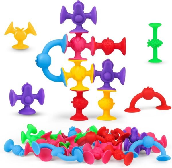 Baby Suction Cup Toys, 30 PCS Silicone Fruit Suckers, Bath Toys for Kids Ages 4-8, Montessori Sensory Window Travel Toys for Toddlers Boys Girls 3 4 5 6 Year Old
