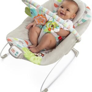 Bright Starts Happy Safari Vibrating Baby Bouncer Seat with 3-Point Harness and Toy Bar, Age 0-6 Months