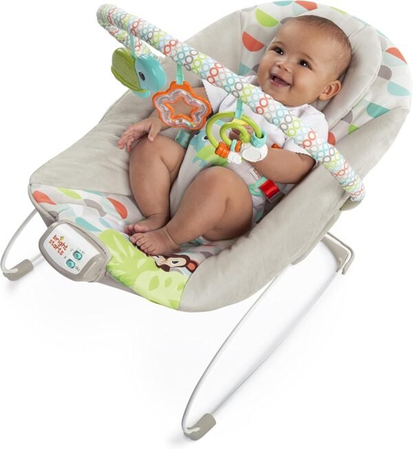 Bright Starts Happy Safari Vibrating Baby Bouncer Seat with 3-Point Harness and Toy Bar, Age 0-6 Months