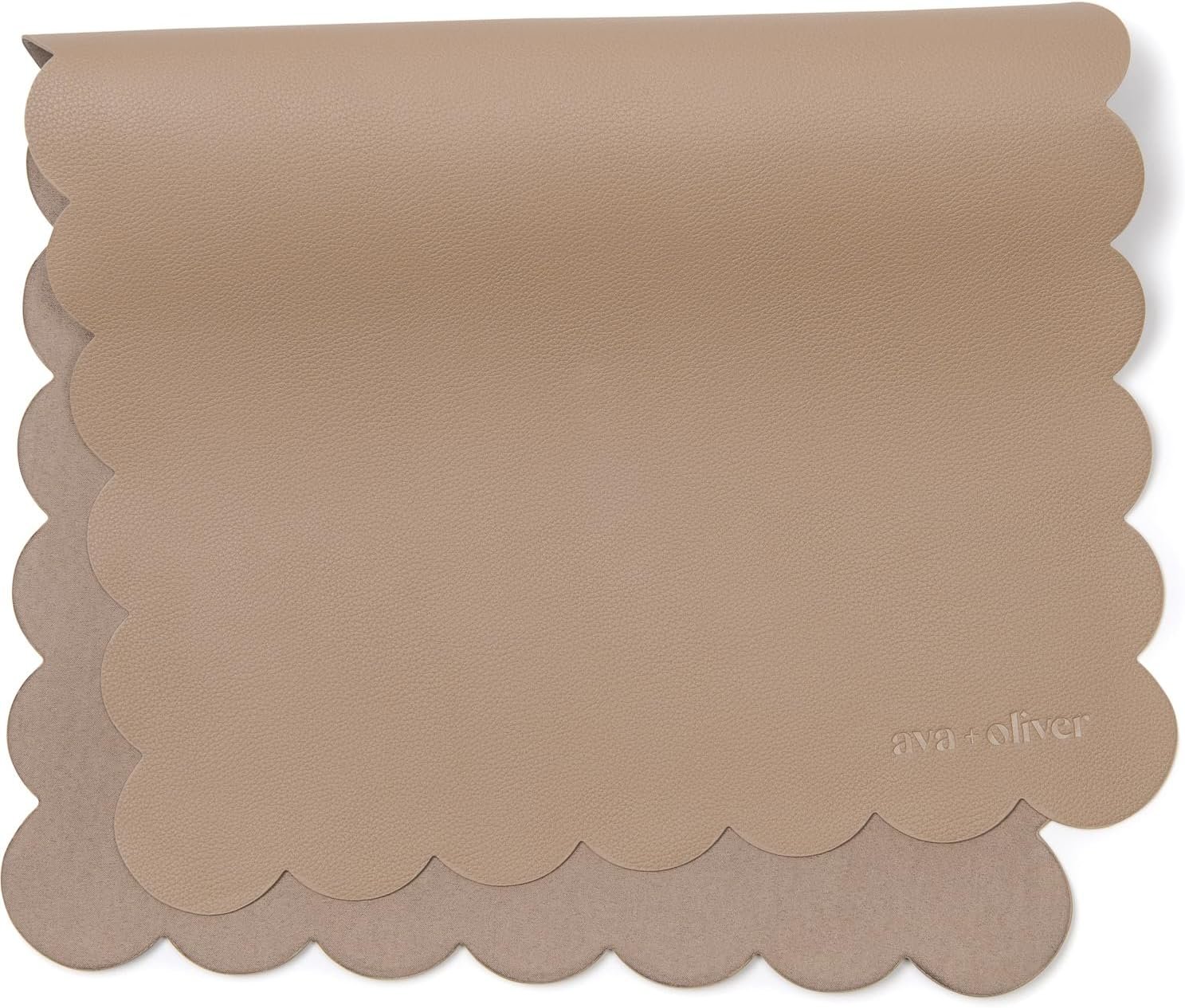 Ava + Oliver Vegan Leather Baby Changing Mat (16 X 30 in) - Multipurpose Wipeable and Portable Diaper Mat - Foldable for Travel (Taupe Scallop)
