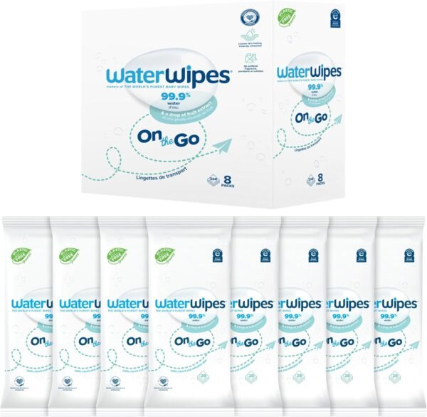 WaterWipes On The Go Wipes, 99.9% Water-Based Wipes for Travel, Sports, and to Refresh Skin, Unscented & Hypoallergenic, 224 Count (8 Packs)