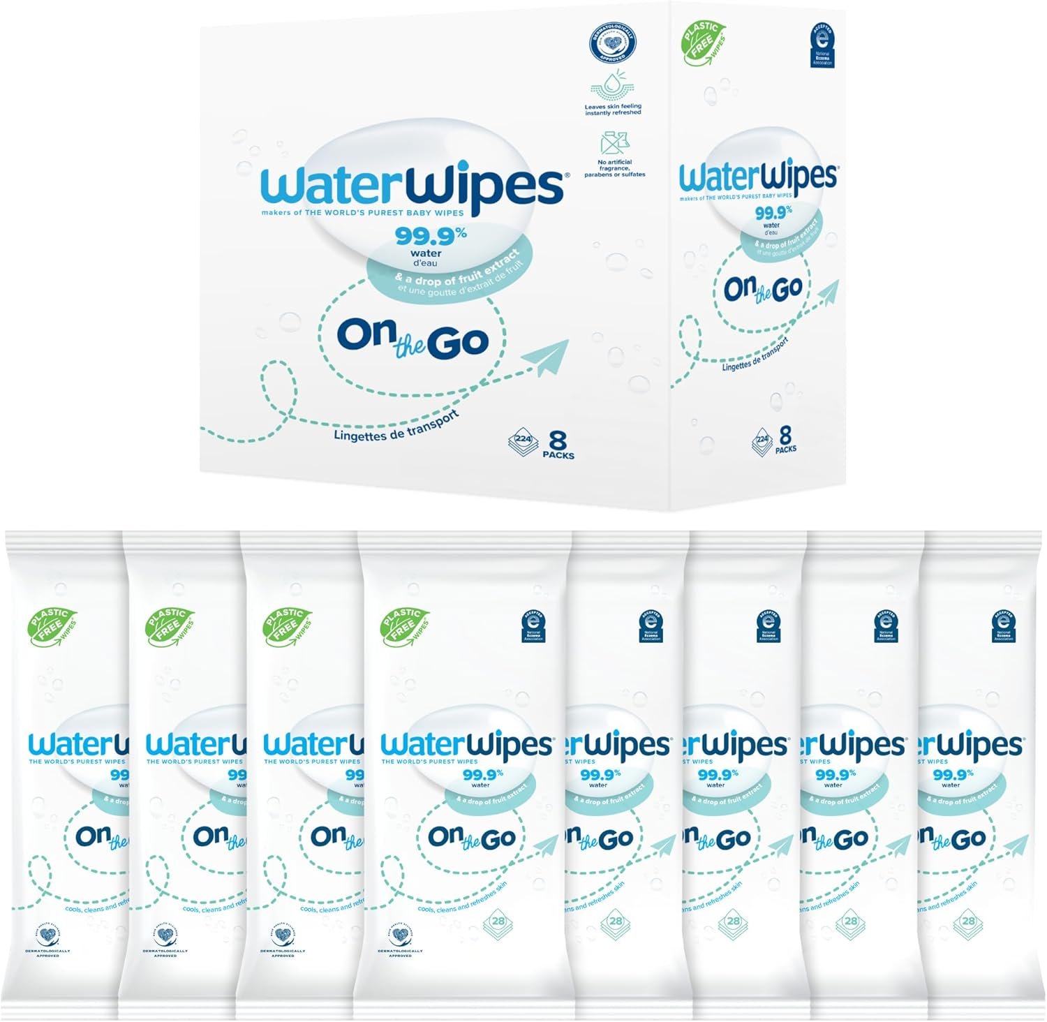 WaterWipes On The Go Wipes, 99.9% Water-Based Wipes for Travel, Sports, and to Refresh Skin, Unscented & Hypoallergenic, 224 Count (8 Packs)