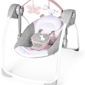Ingenuity Comfort 2 Go Compact Portable 6-Speed Baby Swing with Music, Folds for Easy Travel-Flora the Unicorn (Pink), 0-9 Months
