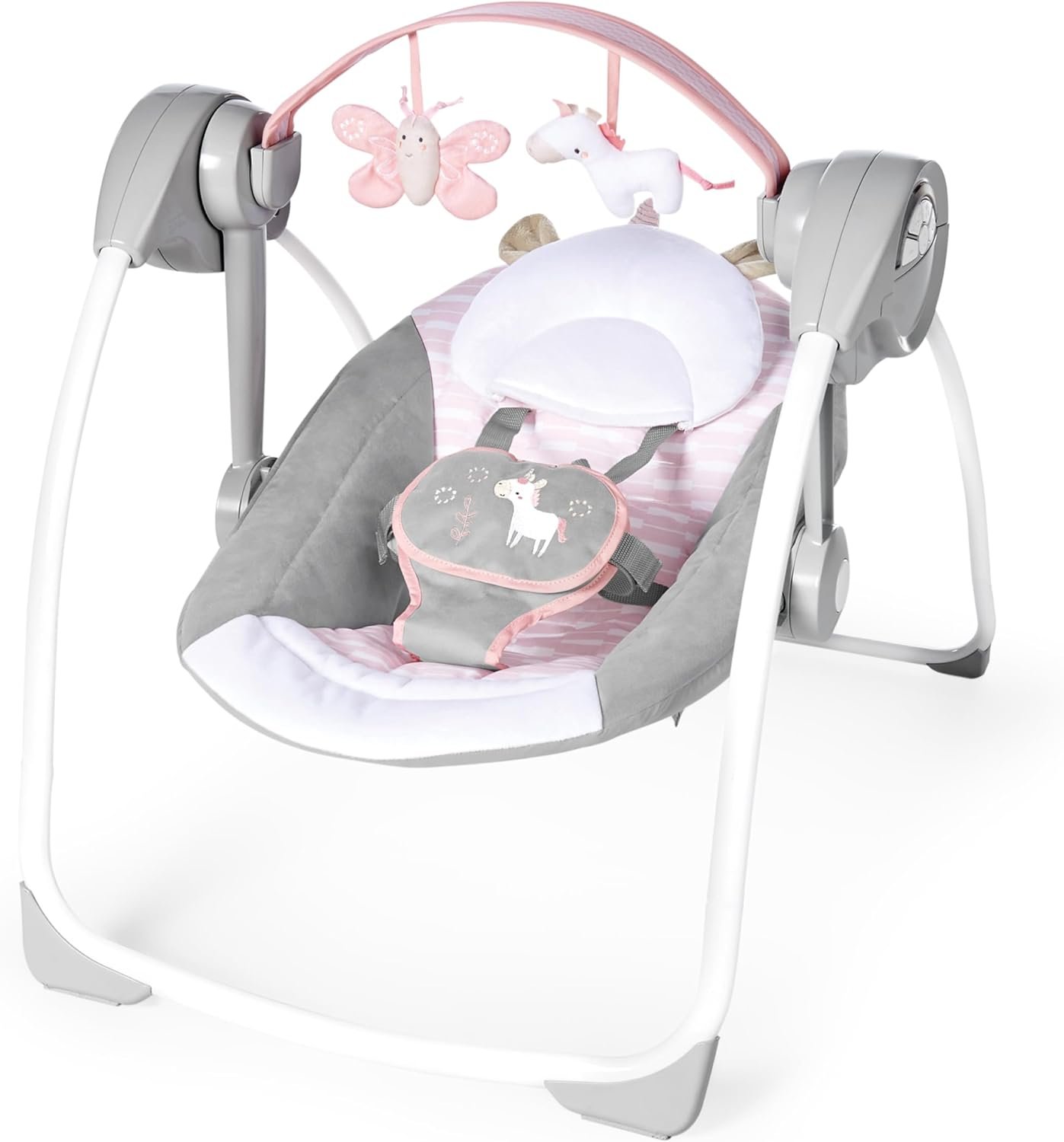 Ingenuity Comfort 2 Go Compact Portable 6-Speed Baby Swing with Music, Folds for Easy Travel-Flora the Unicorn (Pink), 0-9 Months