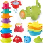 Water Table Toys for Toddlers 1-3, 16PCS Bath Toys for Babies 6-12 Months wtih Floating Boats, Stacking Cups, Cute Water Can & Marine Animal Silicone Toys, Summer Pool Idea Toys Gift for Boys Girls