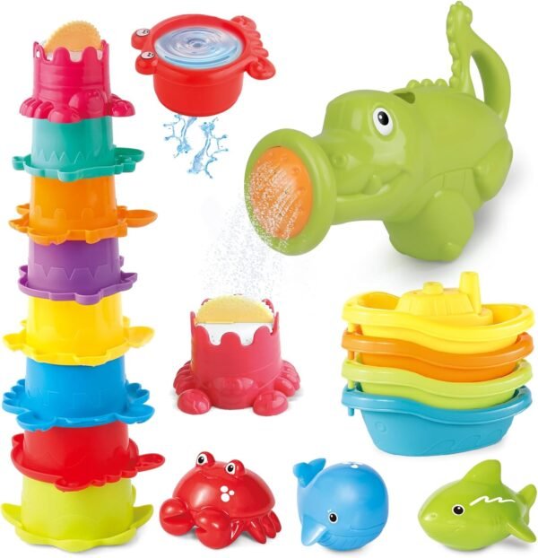 Water Table Toys for Toddlers 1-3, 16PCS Bath Toys for Babies 6-12 Months wtih Floating Boats, Stacking Cups, Cute Water Can & Marine Animal Silicone Toys, Summer Pool Idea Toys Gift for Boys Girls